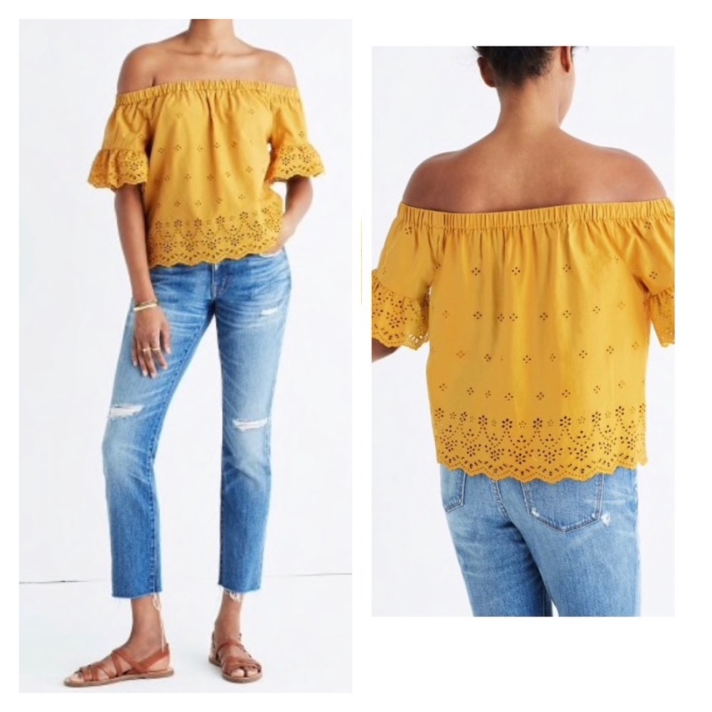 Madewell Yellow Off the Shoulder Eyelet Top Med